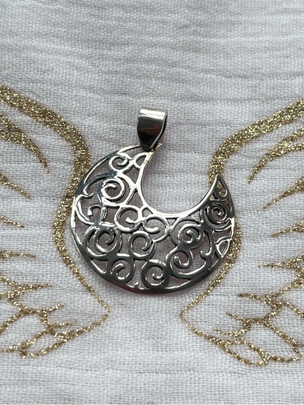Sterling Silver Filigree Crescent Moon Pendant - Silver